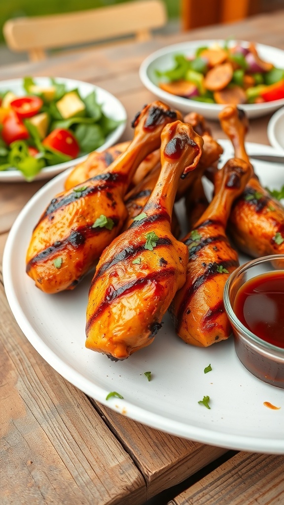Grilled chicken drumsticks on a plate, garnished with herbs, served with salad and dipping sauce.